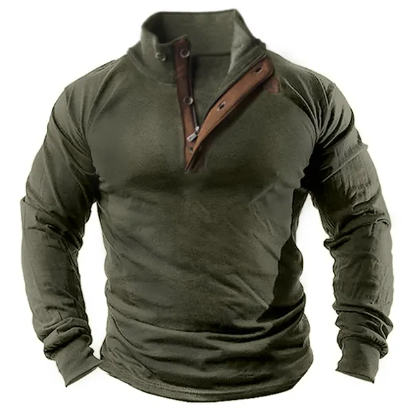 Men's Retro Contrast Henley Stand Collar Long Sleeve T-Shirt - Cotosen.com