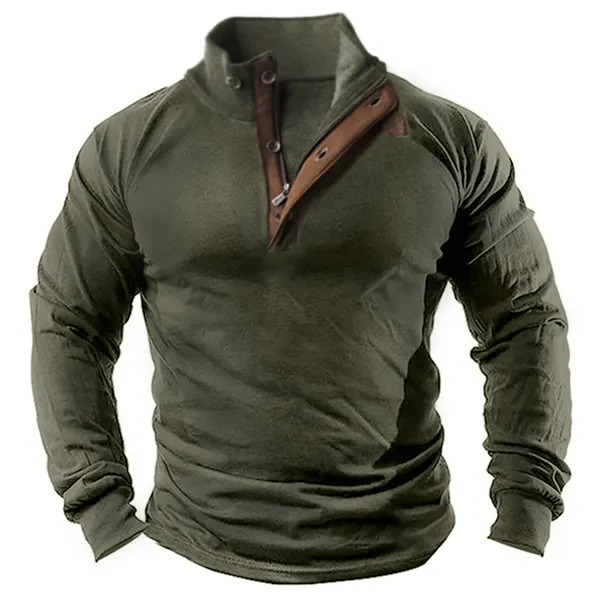Men's Retro Contrast Henley Stand Collar Long Sleeve T-Shirt - Elementnice.com 