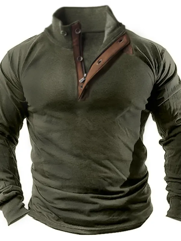 Men's Retro Contrast Henley Stand Collar Long Sleeve T-Shirt - Menwyx.com 