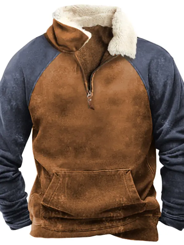 Men's Outdoor Casual Colorblock Zipper Fleece Neck Sweatshirt - Simplyion.com 