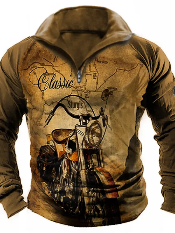 Men's Vintage Route 66 Print Long Sleeve Zip Polo Shirt - Pragmaace.com 