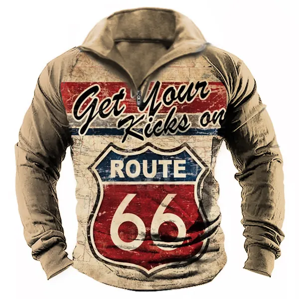Men's Vintage Route 66 Print Zip Polot Shirt - Elementnice.com 