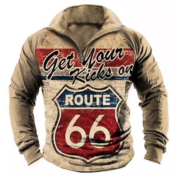 Men's Vintage Route 66 Print Zip Polot Shirt - Rabclub.com 