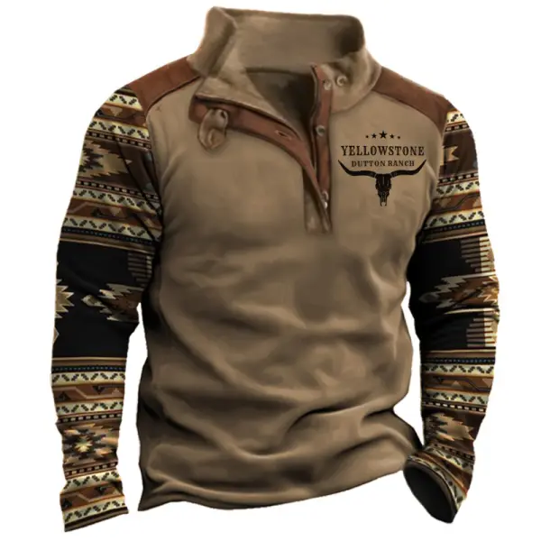 Men's Outdoor Yellowstone Cowboy Ethnic Style Fleece Collar Sweatshirt - Cotosen.com 