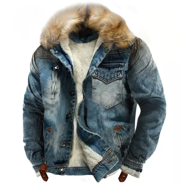 Men's Sherpa Fleece Lined Distressed Denim Trucker Jacket - Upgradecool.com 