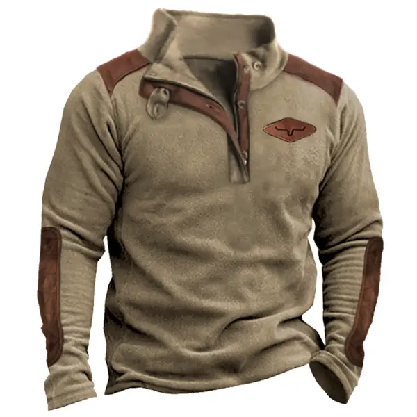 Men's Retro Color Block Fleece Casual Button Stand Collar Sweatshirt - Mosaicnew.com 