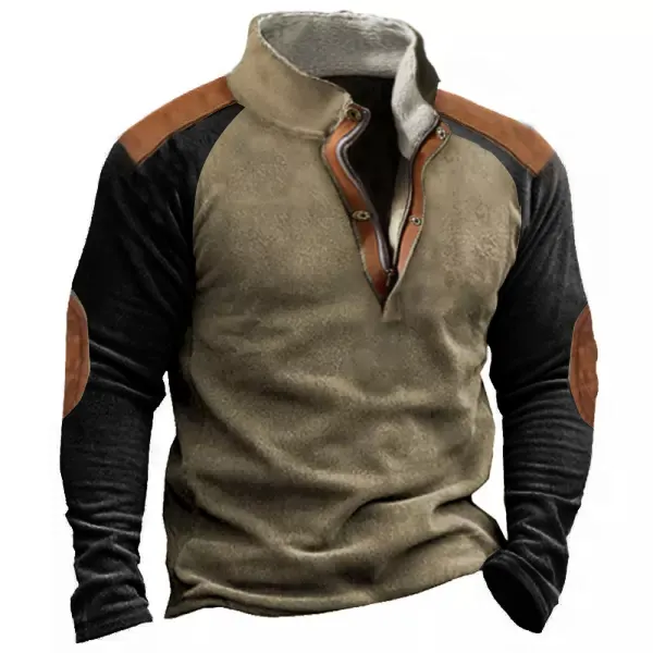 Men's Fleece Polar Colorblock Henley Stand Collar Sweatshirt - Cotosen.com