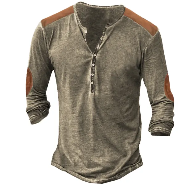 Men's Retro Stitching Color Contrast Henley Long Sleeve T-Shirt - Cotosen.com 