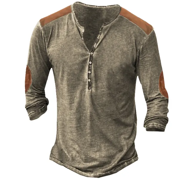Camiseta De Manga Larga Con Cuello Henley En Contraste De Color Con Costuras Retro Para Hombre - Dozenlive.com 