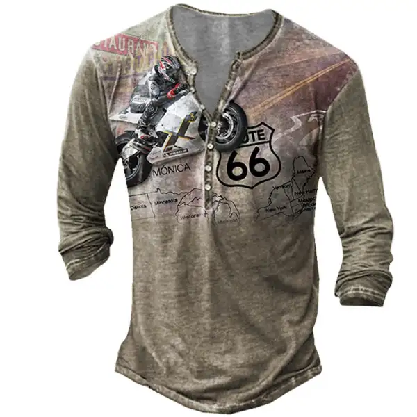 Men's Route 66 Motorcycle Print Henley T-Shirt Only $20.89 - Wayrates.com 