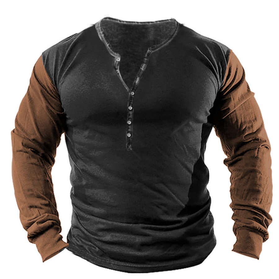 

Men's Outdoor Vintage Contrast Color Henley Cotton T-Shirt