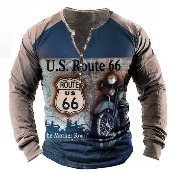 Men's Route 66 Motorcycle Print Henley Cotton T-Shirt Only $31.99 - Cotosen.com 