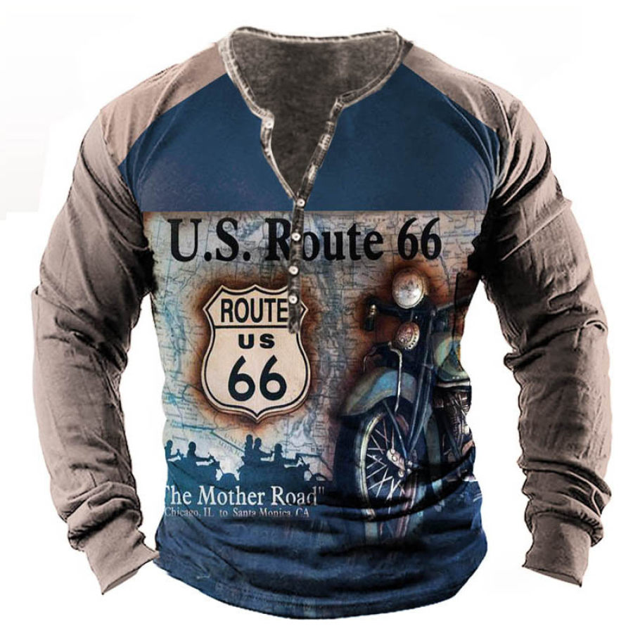 

Men's Route 66 Motorcycle Print Henley Cotton T-Shirt