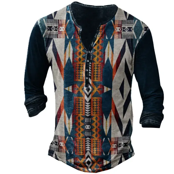 Men's Vintage Ethnic Graphic Print Henley Cotton T-Shirt - Menzfolk.com 