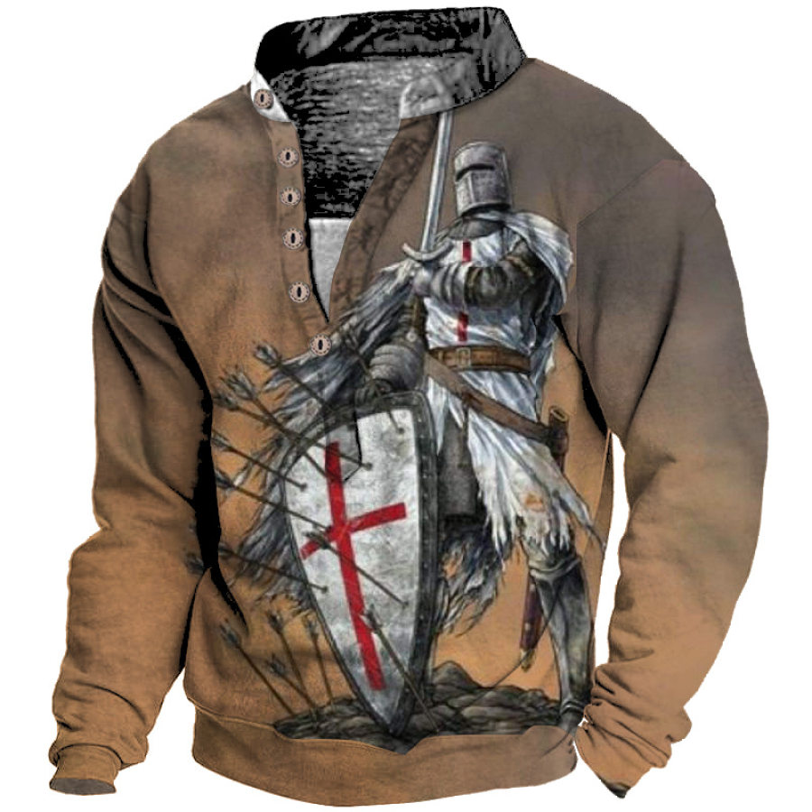 

Men's Vintage Templar Cross Henley Collar Long Sleeve Sweatshirt