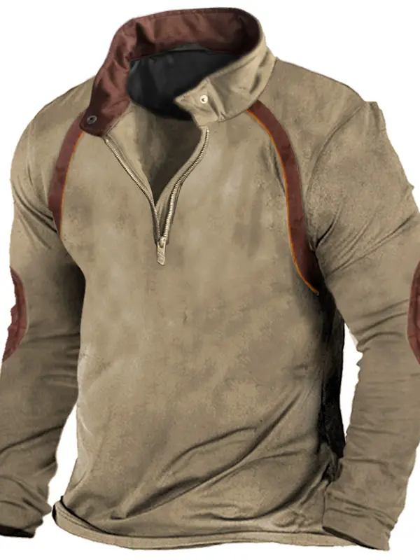 Men's Retro Colorblock Casual Quarter Zip T-Shirt - Simplyion.com 