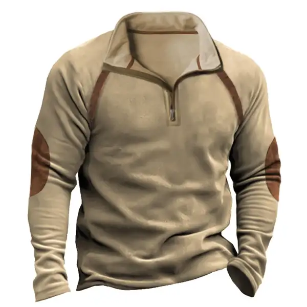 Men's Outdoor Fleece Warm Contrast Quarter Zip Stand Collar Sweatshirt - Menzfolk.com 