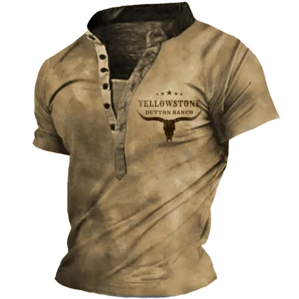 Men's Vintage Western Yellowstone Henley Collar T-shirt - Wayrates.com 