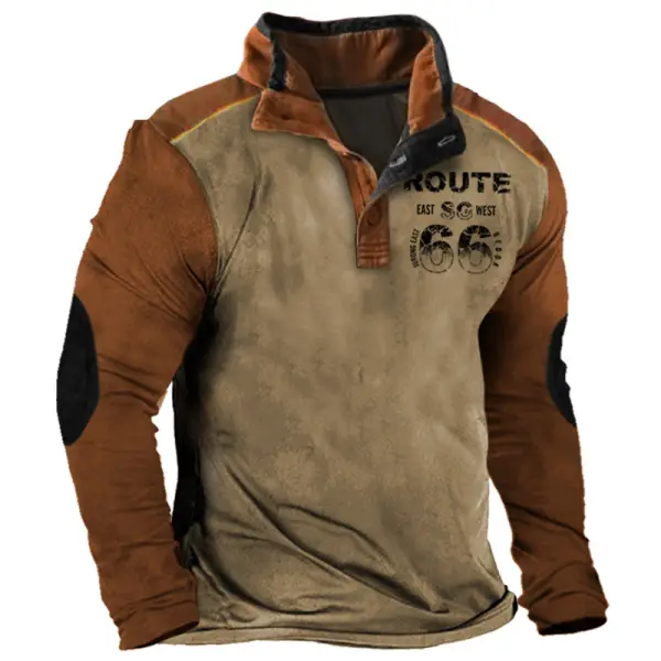 Men's Vintage Route 66 Quarter Button T-Shirt - Elementnice.com 
