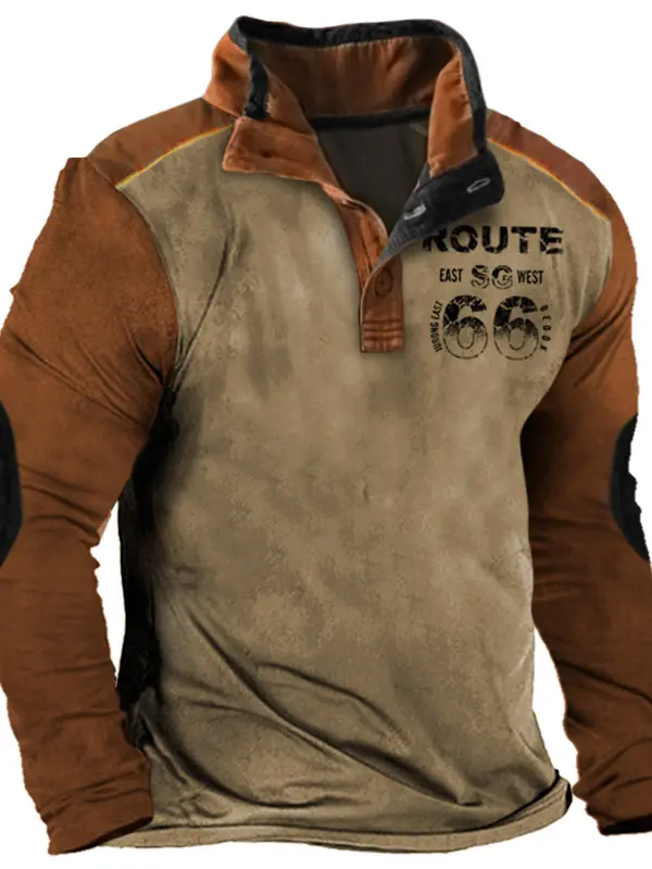 Men's Vintage Route 66 Quarter Button T-Shirt - Pragmaace.com 