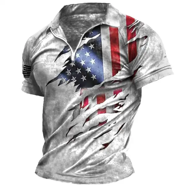 Men's Vintage American Flag Print Zip Lapel T-Shirt Only $15.89 - Wayrates.com 
