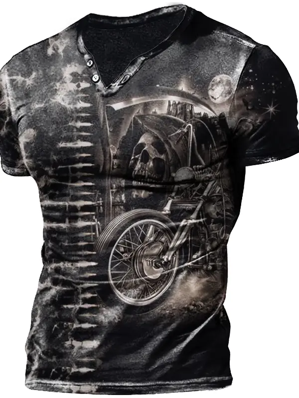 Men's Vintage Skull Distressed Rock Motorcycle Road Trip Button V Neck Print T-Shirt - Pragmaace.com 
