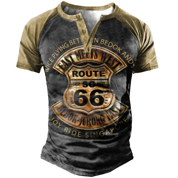 Men's Vintage Route 66 Print Henley Collar T-shirt - Elementnice.com 