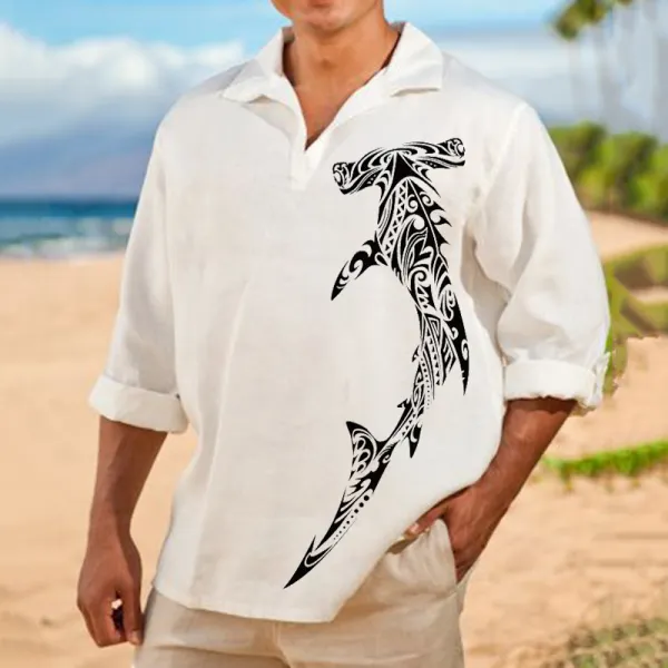 Men's Ocean Printed Long Sleeve Polo Shirt - Albionstyle.com 