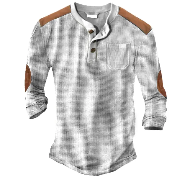 Men's Outdoor Color Contrast Henley Waffle Long Sleeve T-Shirt - Cotosen.com