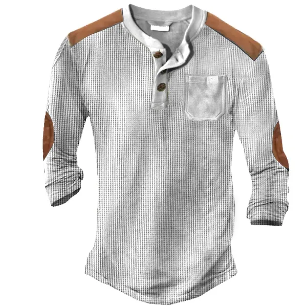 Men's Outdoor Color Contrast Henley Waffle Long Sleeve T-Shirt - Elementnice.com 