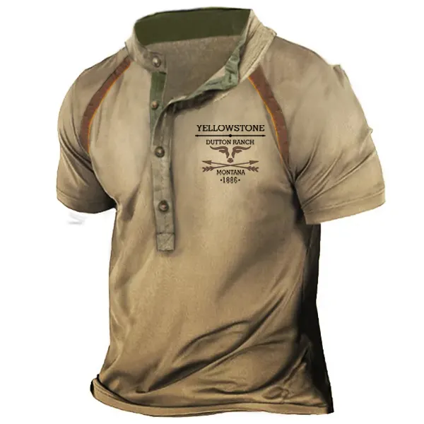 Plus Size Men's Vintage Western Yellowstone Henley Short Sleeve T-Shirt