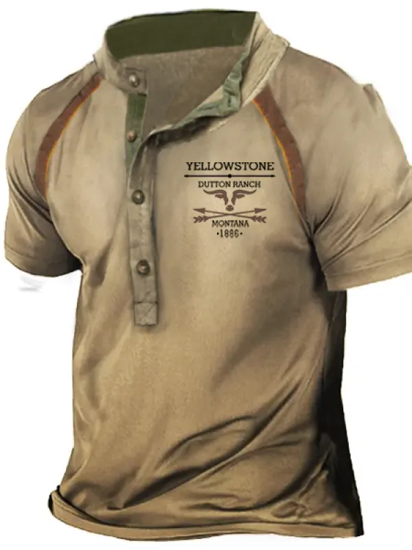 Plus Size Men's Vintage Western Yellowstone Henley Short Sleeve T-Shirt 