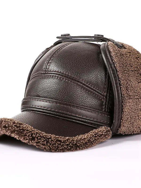 Men's Thickened Warm Earmuffs Buckle Leather Cap - Wantbright.com 
