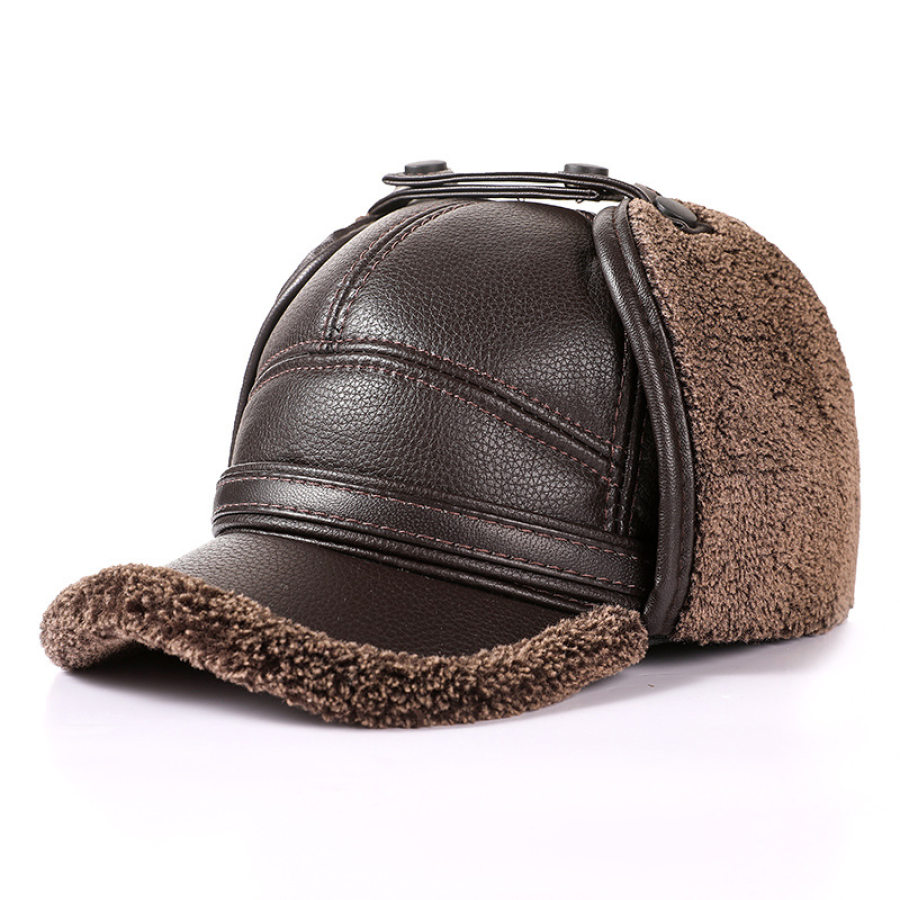 

Men's Thickened Warm Earmuffs Buckle Leather Cap