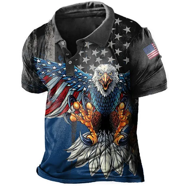 Vintage American Flag Liberty Eagle Print Men's Polo Short Sleeve T-Shirt - Cotosen.com 