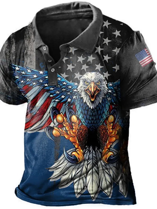 Vintage American Flag Liberty Eagle Print Men's Polo Short Sleeve T-Shirt - Menwyx.com 