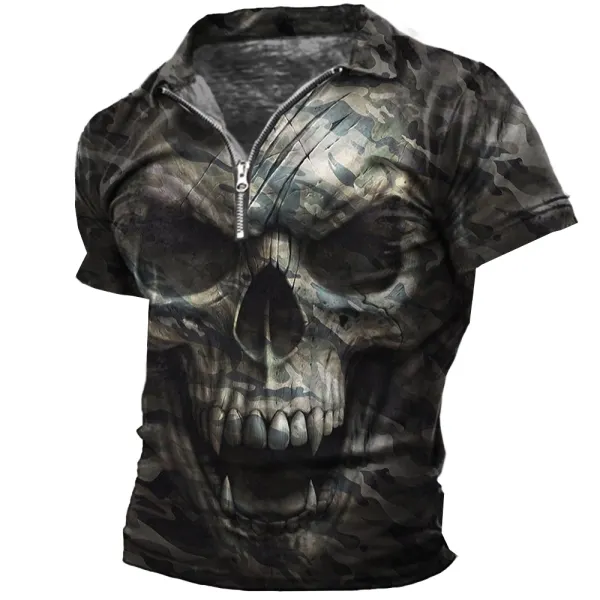 Men's Vintage Skull Camouflage Print Zipper Neck T-Shirt Only $15.99 - Cotosen.com 