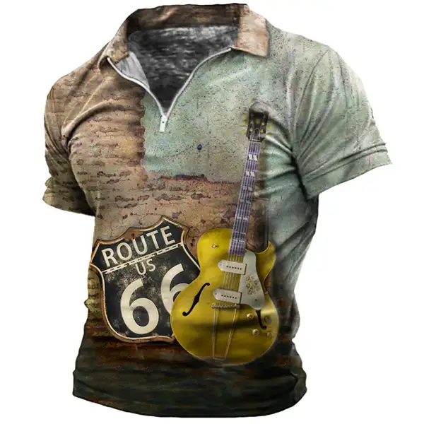 Men's Vintage Route 66 Guitar Print Zip Polo T-Shirt - Cotosen.com