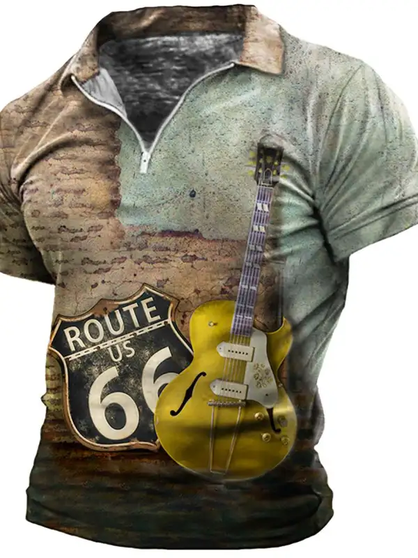 Men's Vintage Route 66 Guitar Print Zip Polo T-Shirt - Pragmaace.com 