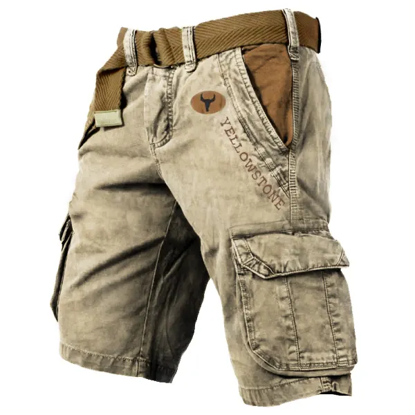 Men's Vintage Yellowstone Wash Print Multi-Pocket Tactical Shorts - Dozenlive.com 