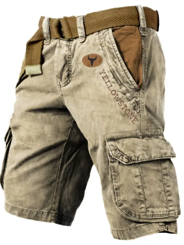 Men's Vintage Yellowstone Wash Print Multi-Pocket Tactical Shorts - Menwyx.com 