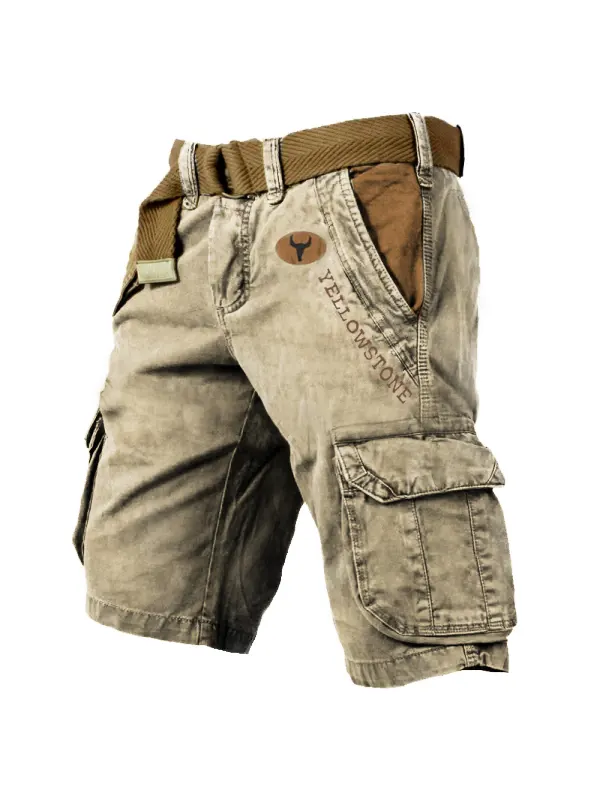 Men's Vintage Yellowstone Wash Print Multi-Pocket Tactical Shorts - Anrider.com 