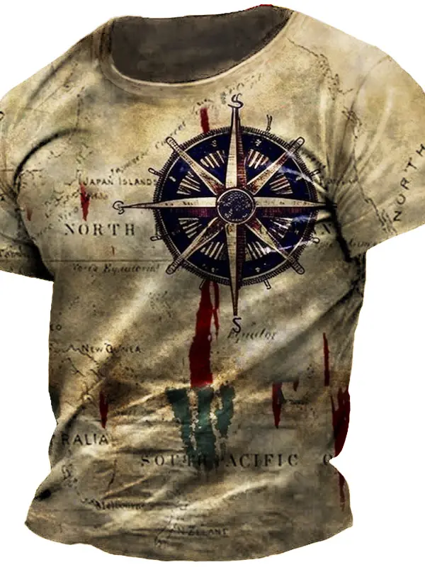 Men's Vintage Nautical Map Compass Print T-Shirt - Pragmaace.com 
