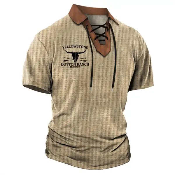 Men's Vintage Waffle Yellowstone Lace-Up Lapel T-Shirt - Cotosen.com