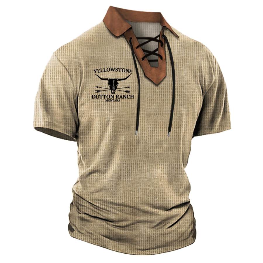 

Men's Vintage Waffle Yellowstone Lace-Up Lapel T-Shirt