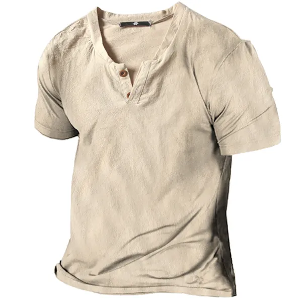 Men's Vintage Linen Henley Collar Short Sleeve T-Shirt - Ootdyouth.com 