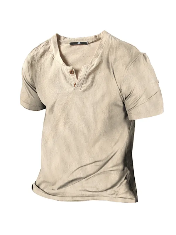 Men's Vintage Linen Henley Collar Short Sleeve T-Shirt - Ootdmw.com 