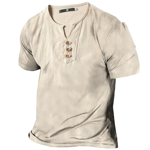 Men's Vintage Linen Henley Collar Short Sleeve T-Shirt - Elementnice.com 