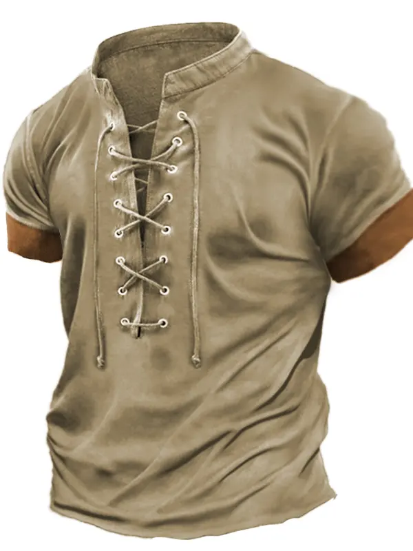 Plus Size Men's Vintage Lace Up Casual Colorblock Short Sleeve T-Shirt - Menwyx.com 