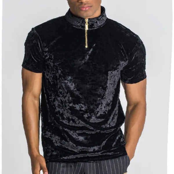 Men's Velvet Fabric Zipper Stand Collar T-Shirt - Mobivivi.com 